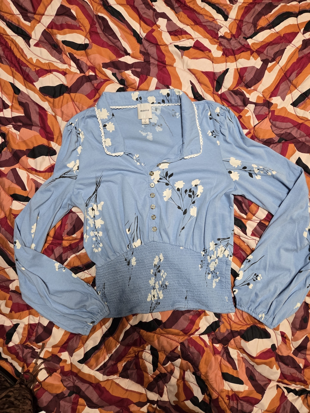Maeve Light Blue Floral Button-Front Smocked Waist Blouse